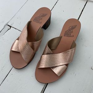 Ancient Greek sandals rose gold crisscross leather 2 inch block heel